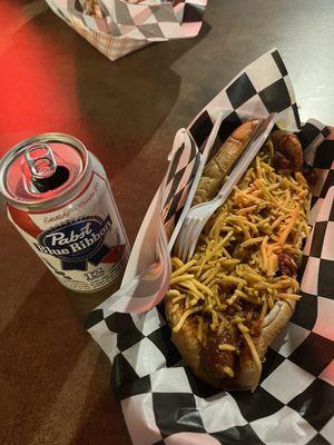 Chili dog with an ice cold PBR