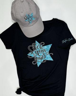 Custom T-Shirt and cap with our Stick to Your Guns design. On the Softer Side logo on sleeve.