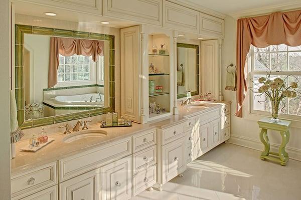 A complete reappointment of this bathroom/bedroom suite was necessary in order to make the bathroom functional, formal.