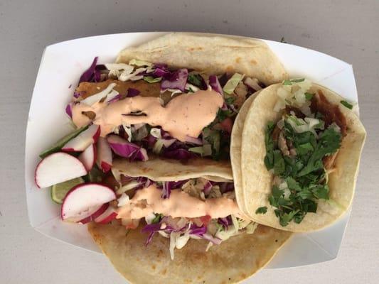 Fish tacos, fried,quite good...and carnitas taco.