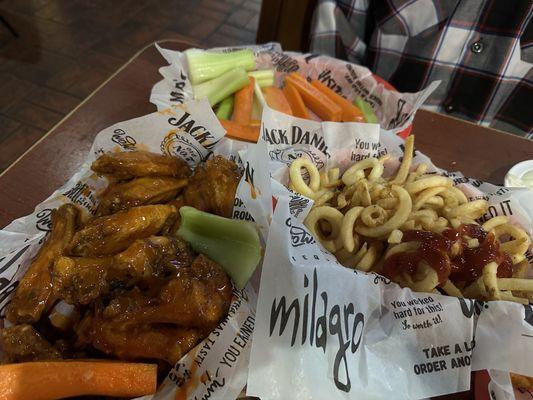 Wings, fries and carrots & celery