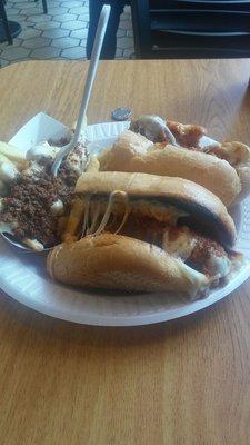 Meatball parm wedge with chili cheese fries