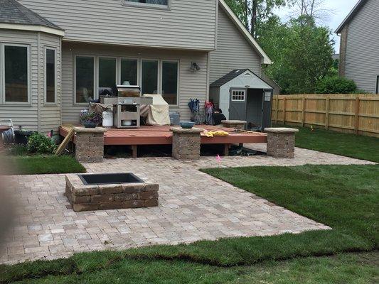 Patio, fire pit, pillars