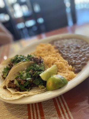 Asada tacos, rice and beans