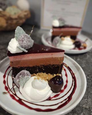 Chocolate and Cherry mousse cake. Full description on menu pic