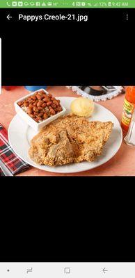 FRIED PORK STEAK, OR SMOTHERED PORK STEAK SERVED WITH RED BEANS AND RICE OR FRIES, ALONG WITH HOMEMADE POTATO SALAD AND SWEET CORNBREAD