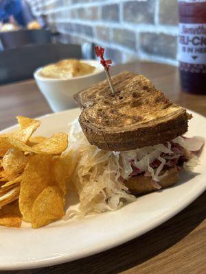 Managers Special Ruben with BBQ chips and pot pie soup