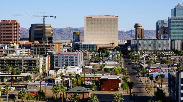 Downtown Phoenix is a business and entertainment district, with shopping at the CityScape Phoenix complex and art galleries on Roosevelt Row