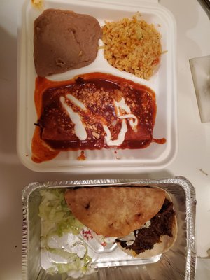 Cheese enchilada, hard chicken taco, soft chicken mole taco