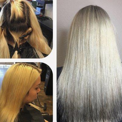 This was a 5 hour color correction to take her from a golden/orange to a platinum blond.