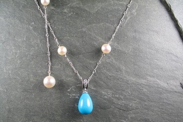 Custom 14k White Gold Turquoise & Pearl Necklace Suite