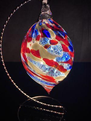 Blown Glass Patriotic teardrop ornament filled with LED Twinkle Lights