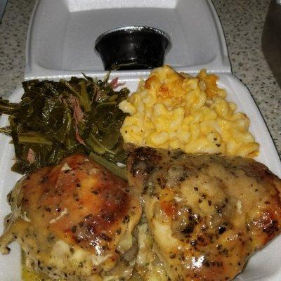 Smothered Chicken and Dressing, Collard Greens with Turkey Tails, Baked Macaroni and Cheese, and Cranberry Sauce