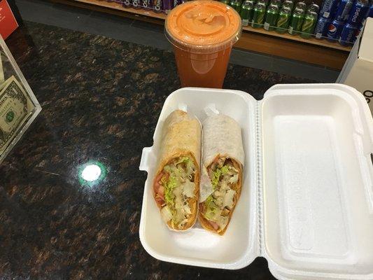 Crispy chicken wrap on a tomato basil And carrot juice