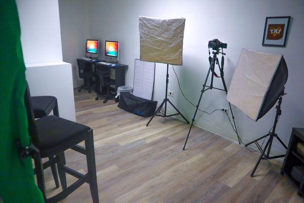 This is the Youtube room where we use our green screen to change backdrops and setting for our videos.