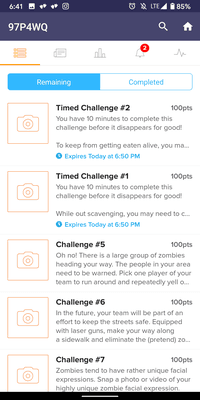 GooseChase app interface for Zombie Scavengers.