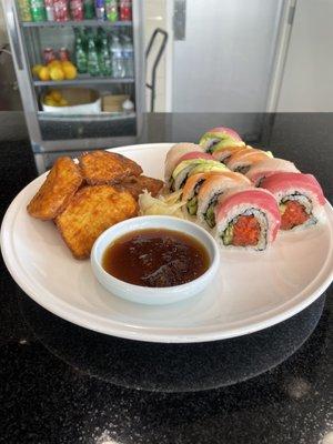 Rainbow roll with sweet potato tempura and homemade radish sauce (for the tempura).