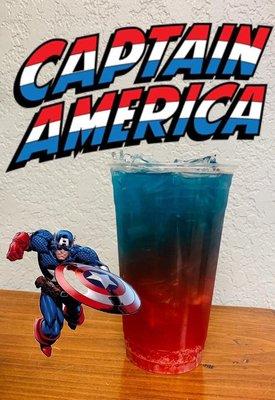 Captain America energizing tea.Join us for Mega Monday's and Thirsty Thursday's and get a Complimentary Mega upgrade on your energizing tea.