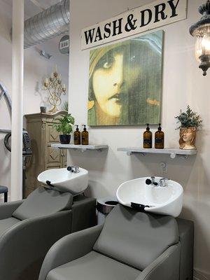 Shampoo bowls/backbar. Can't wait for y'all to come visit us in our new salon!!