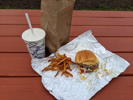 Burger, fries, and a milkshake