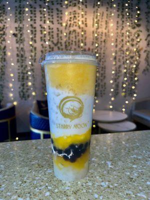 Mango Breeze with Lychee Jelly (comes with), Mango Stars (added on), and Boba (added on)