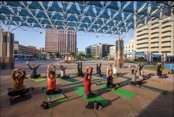 Yoga at Civic Plaza in Albuquerque. Yoga on the town.