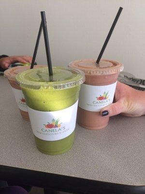 Small and medium best selling smoothies! A nutty strawberry banana, and a citrus and earthy pineapple && spinach/kale