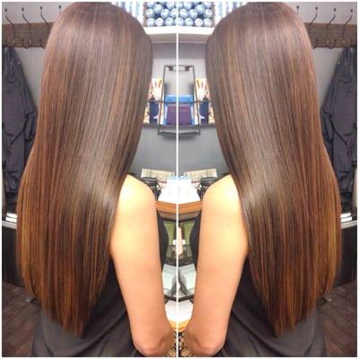 Warm chocolate brown with subtle highlights and Brazilian Blowout