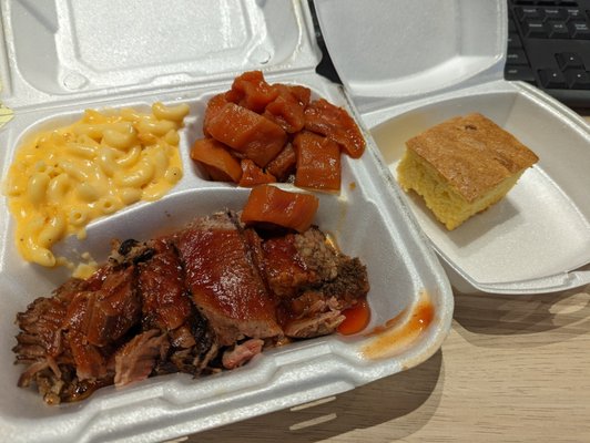 Brisket, yams, mac and cheese & cornbread.