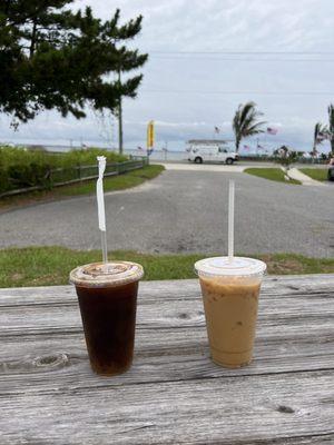 Cold brew with almond milk and coconut latte with almond milk