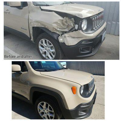 Before and after repair done on a 2016 Jeep Renegade.