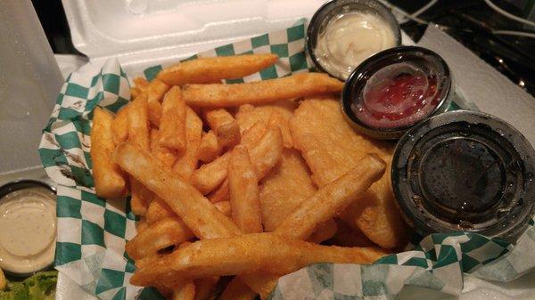 Fish & Chips were very good.  Fish was crunchy and fries were a thicker cut and crispy.