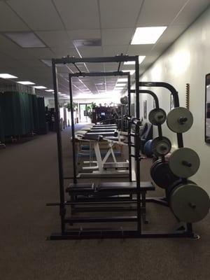 Squat rack with Olympic bar, weights and adjustable bench for higher level strengthening