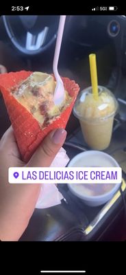 Gansito I'ce cream in a strawberry ice cream cone , vanilla raspado, and corn in a cup