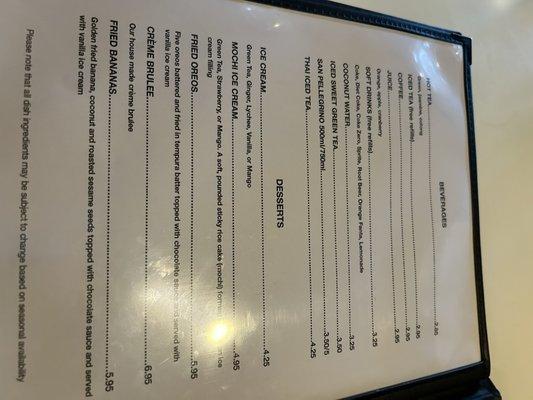 Beverages and desserts menu