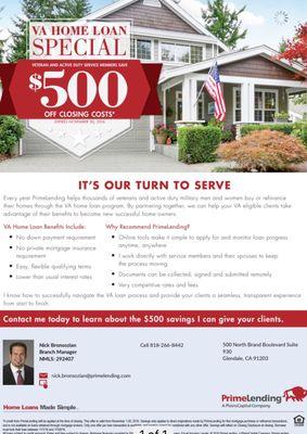 Veteran loans with 0% down plus $500 closing cost credit