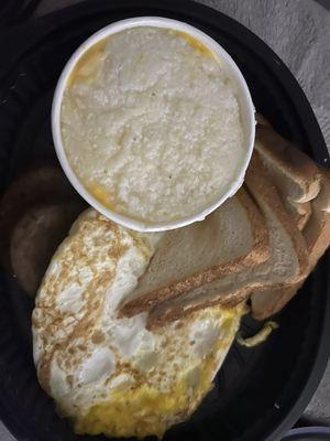 Sausage, Egg, toast, and Cheese Grits.