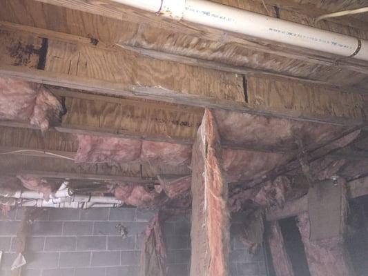 Insulation hanging down soaked with water from leaking basement