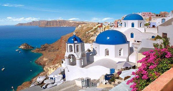 Iconic Blue domed buildings of Santorini, Greece