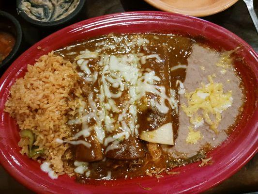 Chicken mole enchiladas with beans and rice