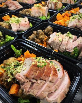 Roasted Pork Tenderloin + Almond Parsley Crumble + Sautéed Garlic Mushrooms + Broccoli + Garnet Yams