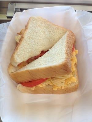 Palmater Sandwich with Pimento Cheese, Tomato and Chips on Texas Toast.