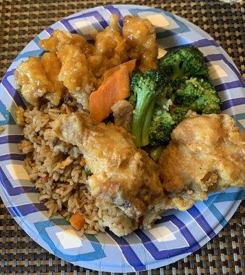 From my takeout box. Fried rice, orange chicken, veggies, and salt & pepper wings!