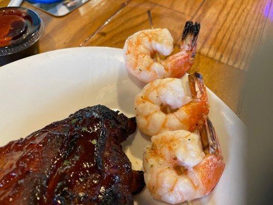 Skewered shrimp and ribs plate!  Half rack a 4 jumbo shrimp.