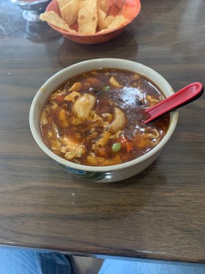 Hot and sour soup loaded with tofu, veggies, mushrooms in a thickened base. Soooo good