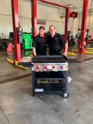 Our Snap-On rep giving John the grill he won from the giveaway!