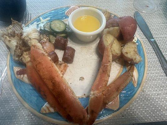 Delicious crab legs, shrimp, sausage and potatoes from S&S Seafood Market in Gulf Shores. Steamed there and brought back to condo.