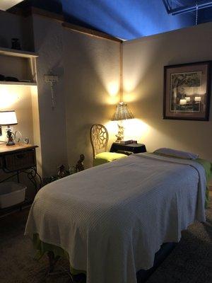 Peaceful massage room, ready for your relaxation. Ahhh...