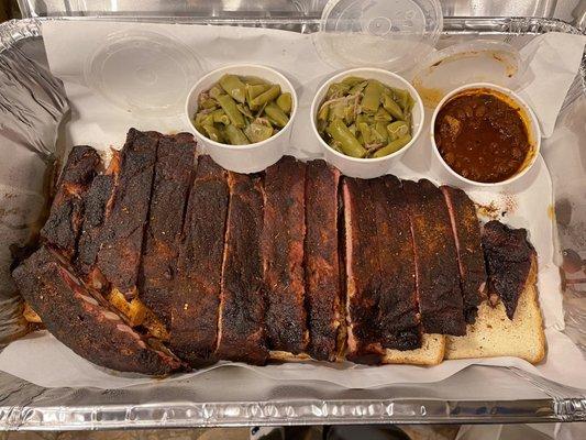 Four pounds Spareribs with Memphis Dry Rub and three sides