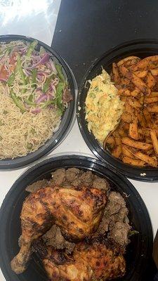 Chicken and beef dish, pilau, masala chips